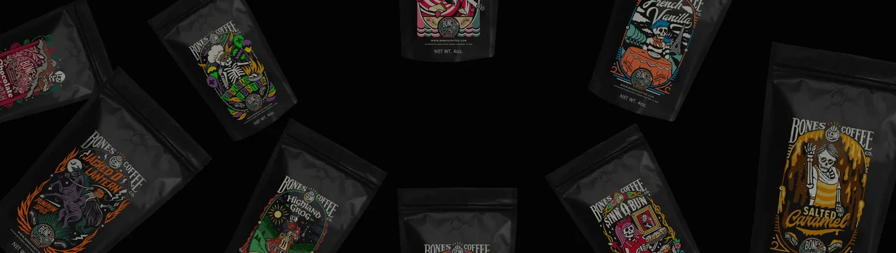 There are multiple four ounce bags of coffee. Their names are Chocolate Raspberry, Bananas Foster, Jacked 'o' Lantern, Highland Grog, Strawberry Cheesecake, French Vanilla, Salted Caramel, and Sinn-o-bun.