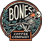 Bones Coffee Company logo, showing a skeleton leaning back and drinking a cup of coffee, surrounded by greenery